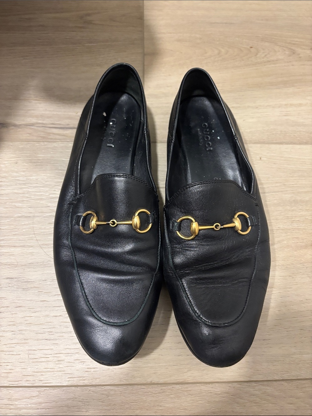 Gucci Black Leather Horsebit Slip-On Loafers with Gold Hardware